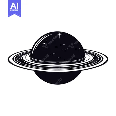 Aset desain premium: Black and White Illustration of Saturn with Rings and Stars