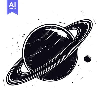 Premium design asset: A black and white illustration of Saturn with its rings and a moon