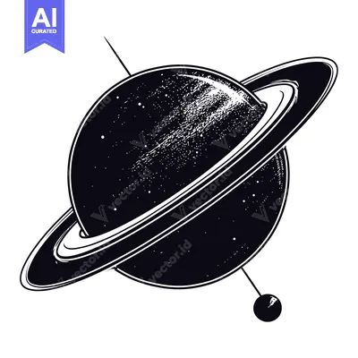Aset premium populer: Black and White Illustration of Saturn with Rings and a Moon