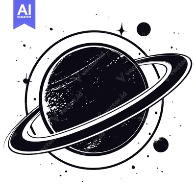 Premium design asset: Black and White Illustration of Saturn with Rings and Stars