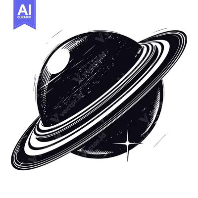 Black and White Illustration of Saturn with Rings and a Star