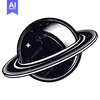Aset desain premium: A Black and White Illustration of a Planet with Rings and a Star