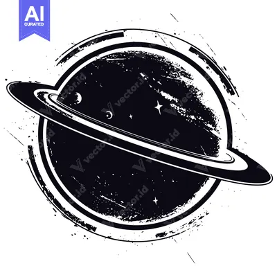 Aset desain premium: Black and White Illustration of Saturn with Rings and Stars