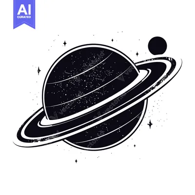 Aset premium populer: Stylized Black and White Illustration of Saturn with Rings and Stars