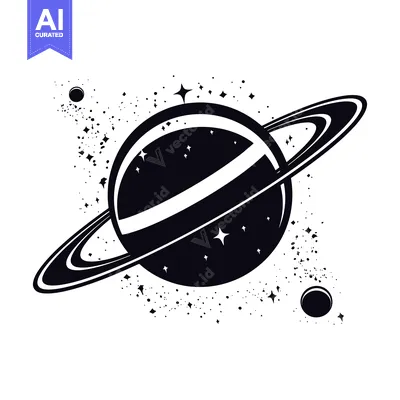 Black and white illustration of Saturn with rings and stars in space