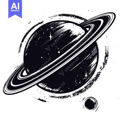 Aset premium populer: A Black and White Illustration of Saturn with its Rings and a Moon