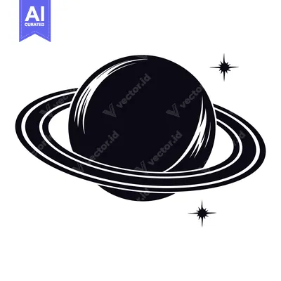 Aset premium populer: A black and white silhouette of Saturn with rings and two stars