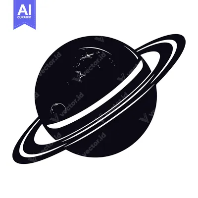 Black and White Silhouette of Saturn with Rings and a Moon