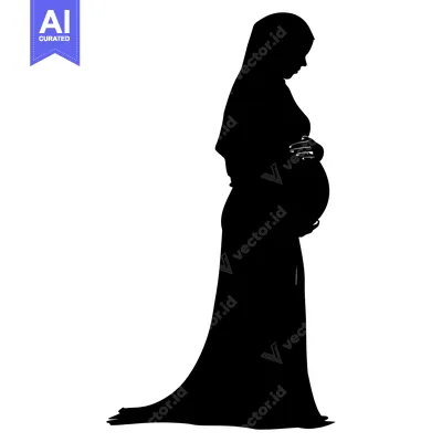 Aset desain premium: Silhouette of a Pregnant Woman in a Long Dress and Headscarf