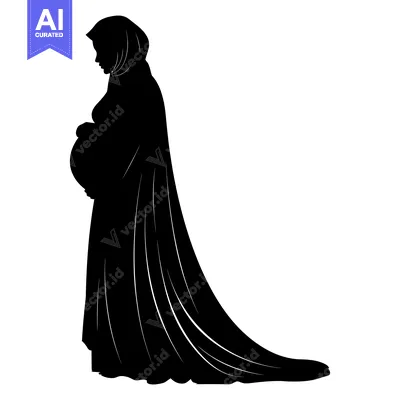 Aset desain premium: Silhouette of a Pregnant Woman in a Long Dress and Headscarf