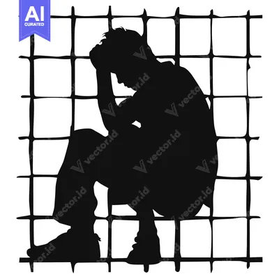 Silhouette of a Person Sitting with Their Head Down in a Cage