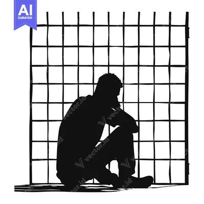 Silhouette of a Man Sitting in Front of a Window with Bars
