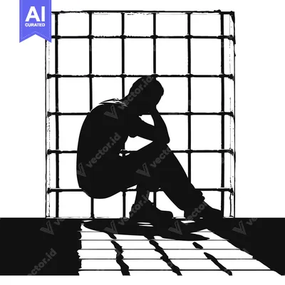 Silhouette of a man sitting in a cell, head in hands