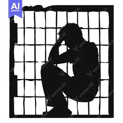 Premium design asset: Silhouette of a Person Sitting in a Cage, Depicting Captivity or Impri
