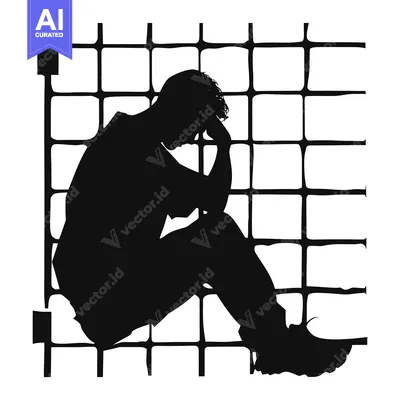 Silhouette of a Man Sitting with Head in Hands Against a Grid Backgrou