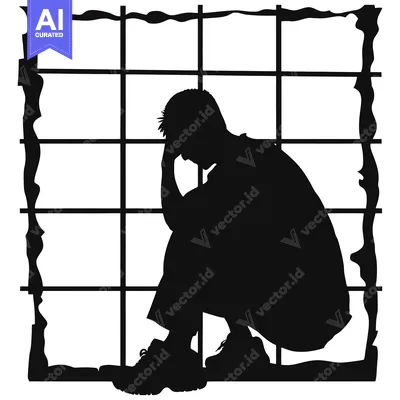 Silhouette of a Person Sitting with Head in Hands Within a Cage