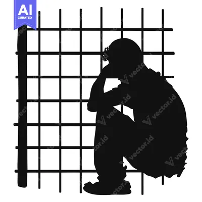 Aset desain premium: Silhouette of a Person Sitting in a Cage, Head Down, in Despair