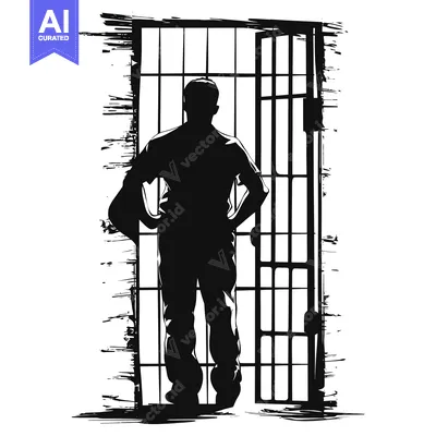 Aset desain premium: Silhouette of a man standing in front of an open prison cell door
