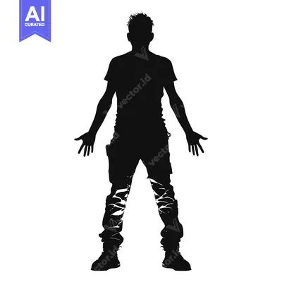 Aset premium populer: Silhouette of a man with spiky hair wearing a t-shirt, pants, and boot