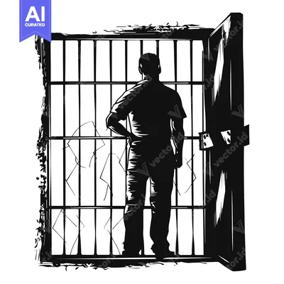 Aset desain premium: A Silhouette of a Person Standing Behind Bars with a Door Ajar