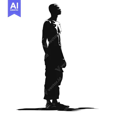 Silhouette of a Muscular Man in Pants and Sneakers, Looking Upward