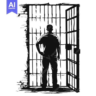 A Silhouette of a Man Standing Before an Open Jail Cell Door