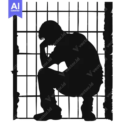 Silhouette of a Person Sitting by a Fence, Head in Hands
