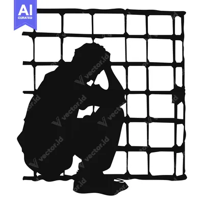 Aset desain premium: Silhouette of a Person Sitting Huddled in Front of a Cage