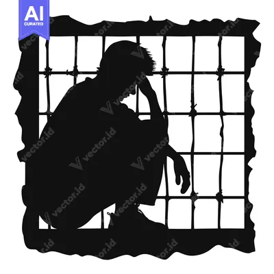 Premium design asset: A Silhouette of a Person in a Cage, Depicting Imprisonment and Despair