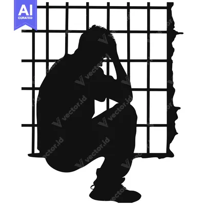 Aset desain premium: Silhouette of a Person Sitting in a Cage with Their Head in Their Hand