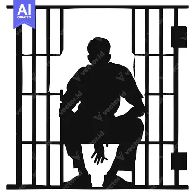 Aset desain premium: Silhouette of a Man Seated Within a Prison Cell