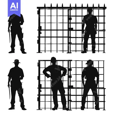Aset desain premium: Silhouette of Four Security Guards Standing Near a Gate