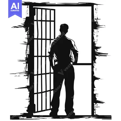 Aset desain premium: Silhouette of a Man Standing in a Jail Cell Doorway