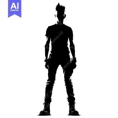 Aset premium populer: Silhouette of a Man with Spiky Hair Wearing Jeans, T-Shirt, and Boots