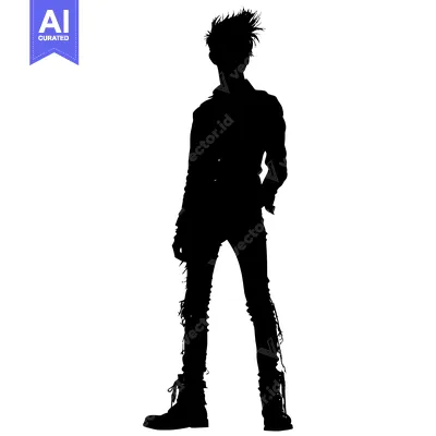 Aset desain premium: Silhouette of a Young Person with Spiky Hair and Edgy Clothing