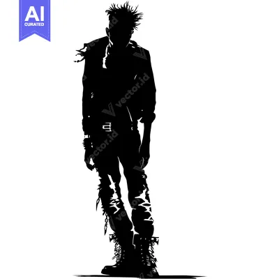 Aset desain premium: Silhouette of a Punk Rocker with Spiked Hair and Boots