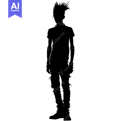 Aset desain premium: Silhouette of a young man with spiky hair, wearing a t-shirt, jeans, a