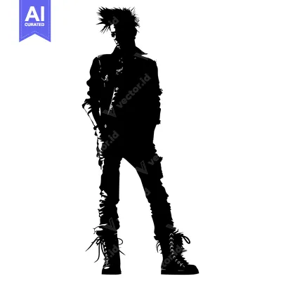 Aset desain premium: Silhouette of a Punk Rock Person with Spiky Hair and Leather Jacket