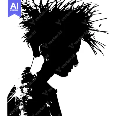 Aset desain premium: Silhouette of a Person with Spiky Hair and Facial Piercings