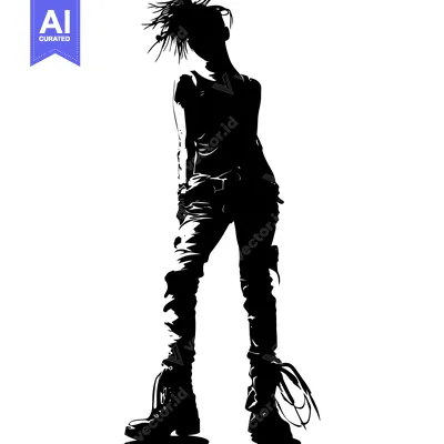 Aset premium populer: Silhouette of a Woman with Spiky Hair Wearing Jeans and Boots