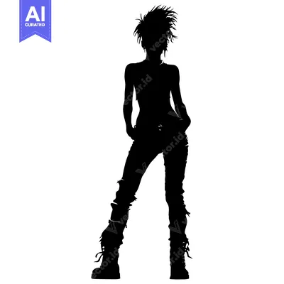 Aset desain premium: Silhouette of a Young Woman with Spiky Hair Wearing Jeans and Boots