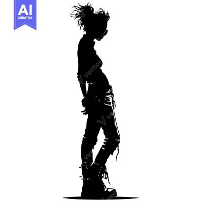 Aset desain premium: Silhouette of a Woman with Windblown Hair Wearing Jeans and Boots