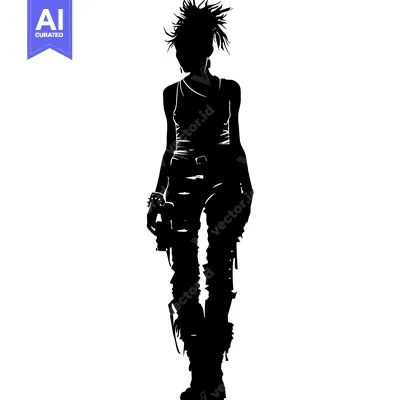 Aset desain premium: Silhouette of a Punk Rock Woman with Spiked Hair and Ripped Jeans