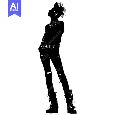 Aset premium populer: Silhouette of a Woman with a Spiky Hairstyle, Jeans, and Boots
