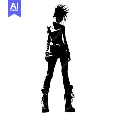 Aset desain premium: Black and White Silhouette of a Woman with Spiky Hair, Wearing Boots a