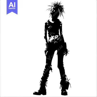 Aset premium populer: Silhouette of a Woman with Spiky Hair and Ripped Jeans