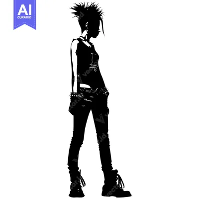 Aset desain premium: Silhouette of a Punk Rock Girl with Spiky Hair and Studded Belt
