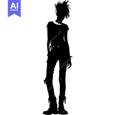 Popular premium asset: Silhouette of a Young Woman with Spiky Hair, Wearing a T-Shirt, Jeans,