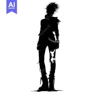 Aset premium populer: Silhouette of a Female Figure with Spiky Hair, Wearing Ripped Jeans an