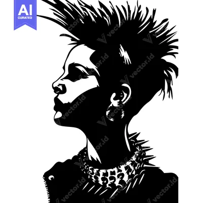 Aset desain premium: Black and White Silhouette of a Punk Rock Woman